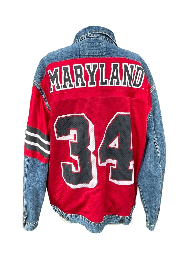 Red and blue varsity jacket with 'Maryland' and number '34' on a white background
