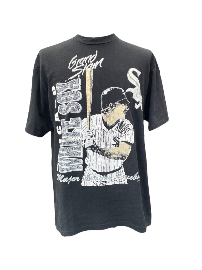 Black t-shirt with baseball player graphic and text on a white background