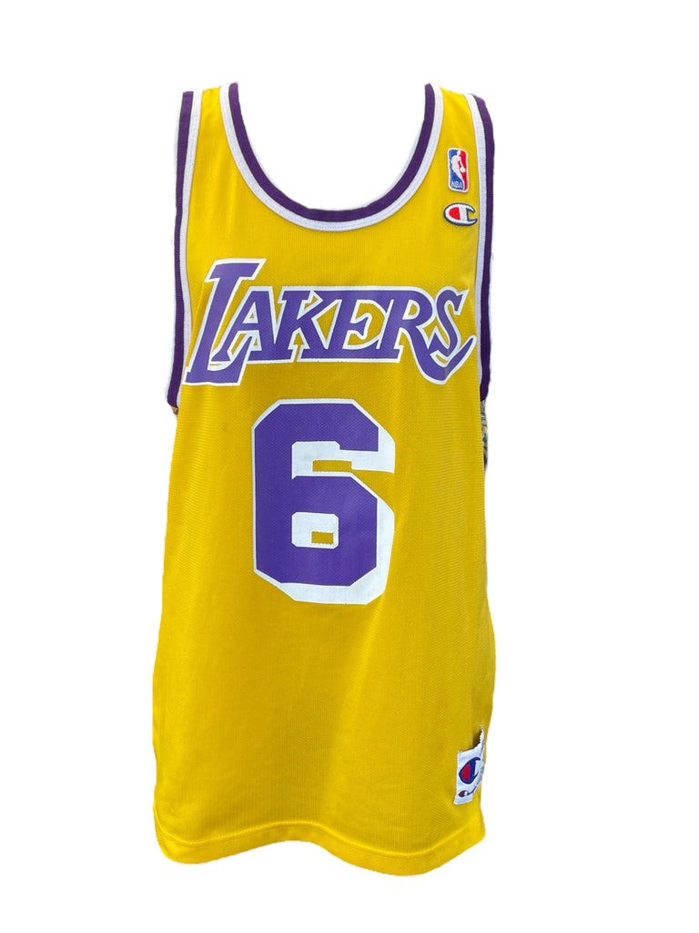 Yellow Lakers basketball jersey with number 6 on a white background