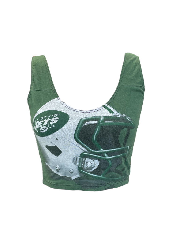 Green sports bra with helmet graphic and 'Jets' logo on a white background