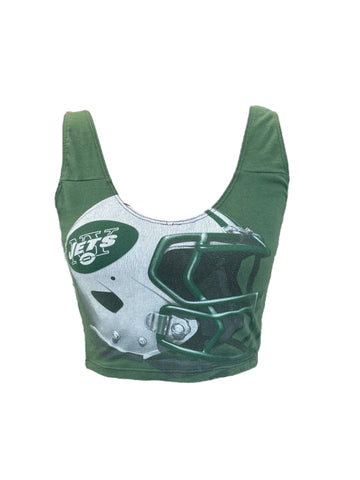 Green sports bra with helmet graphic and 'Jets' logo on a white background