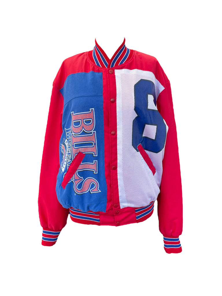 Red, blue, and white jacket with 'Bills' branding on a white background