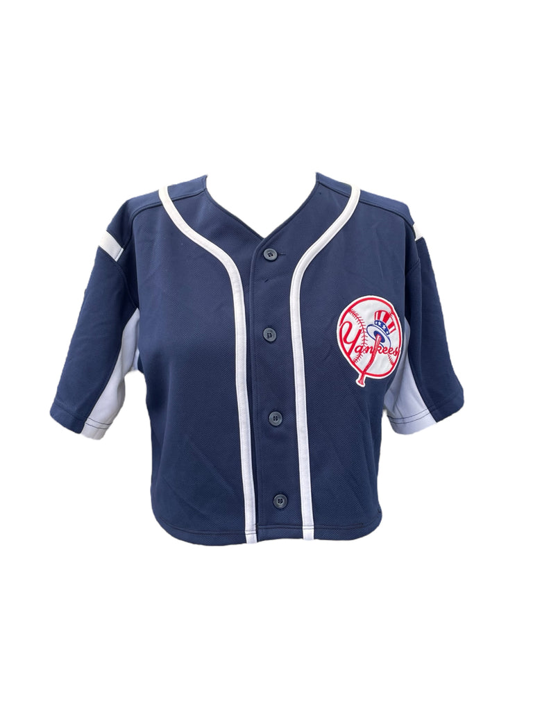 Navy blue baseball jersey with a logo on a white background