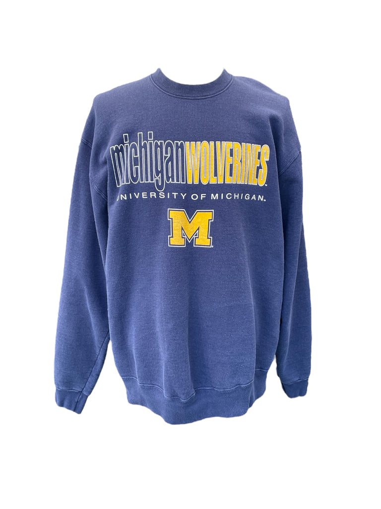 Blue sweatshirt with 'Michigan Wolverines' text and logo on a white background