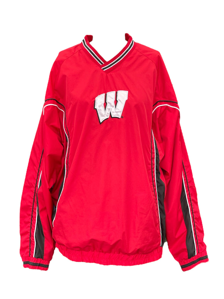 Red long-sleeve shirt with a logo on a white background