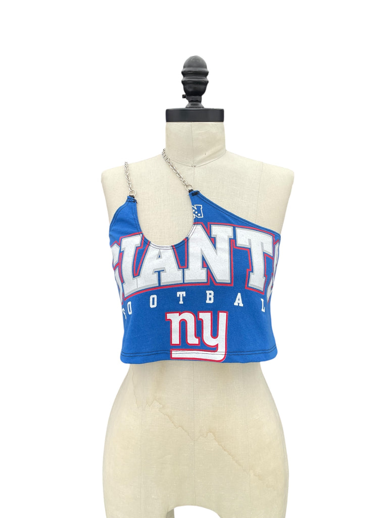 Blue sports-themed crop top on a mannequin with a white background