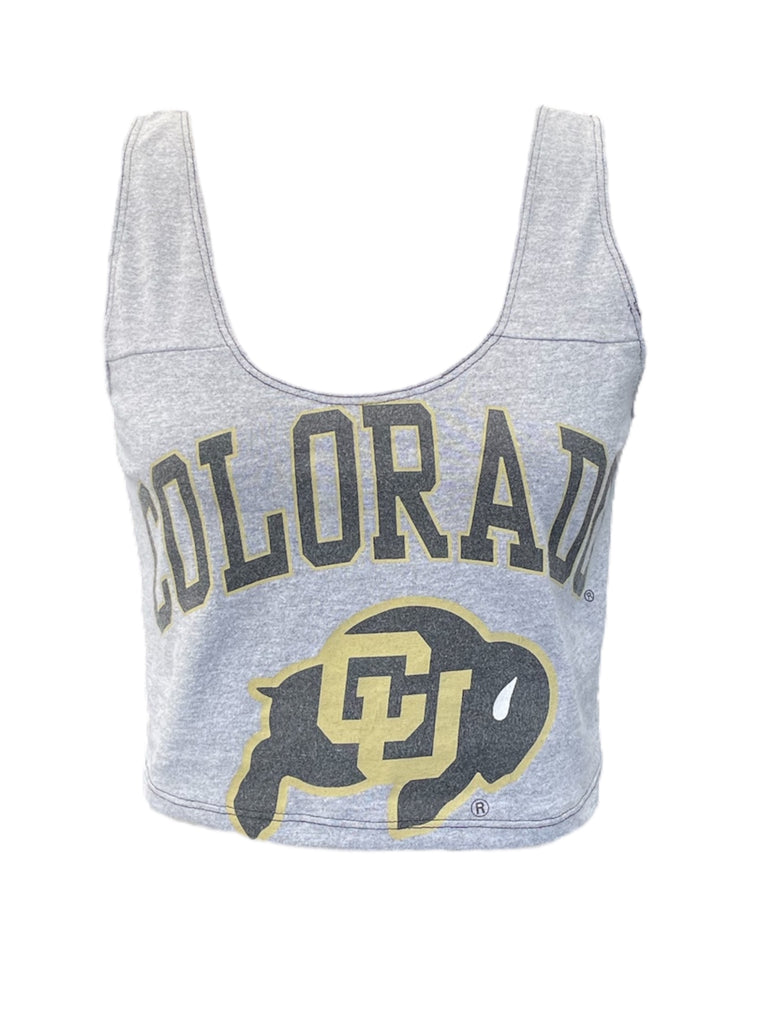 Gray crop top with 'Colorado' and logo on a white background