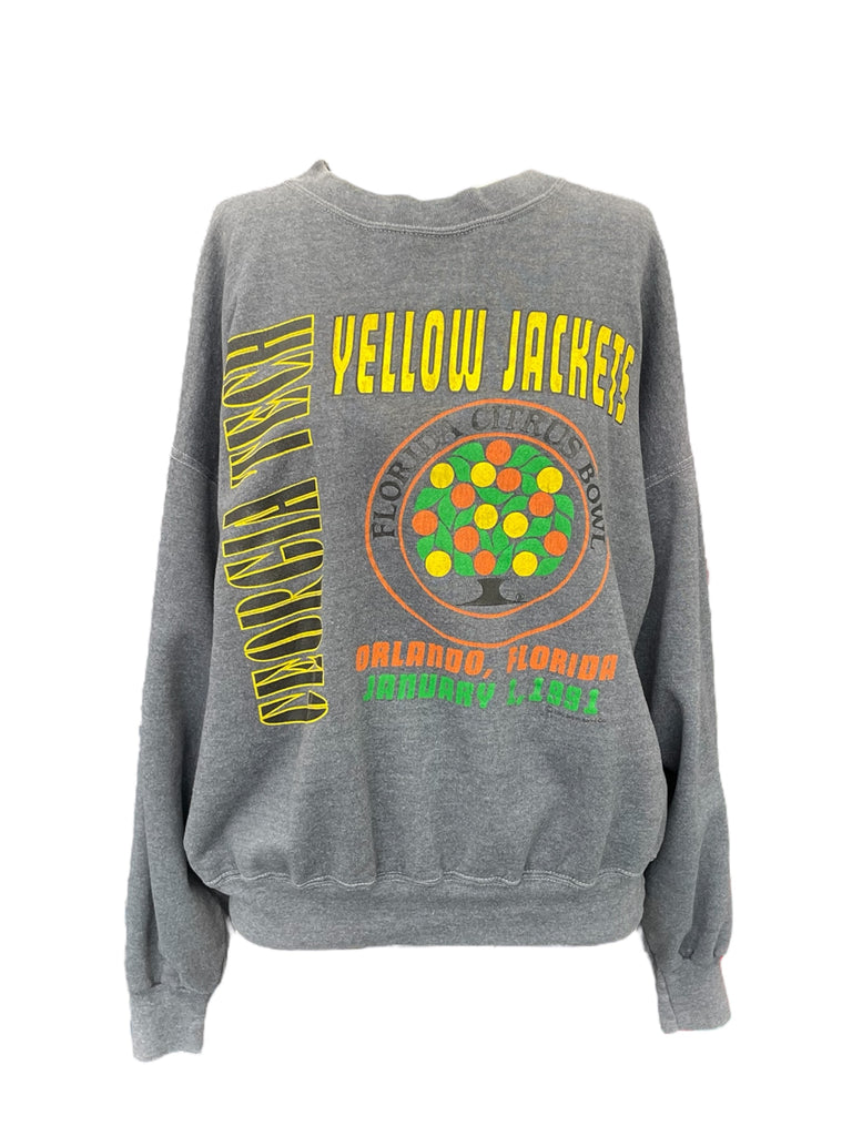 Gray sweatshirt with 'Yellow Jackets' text and colorful design on a white background
