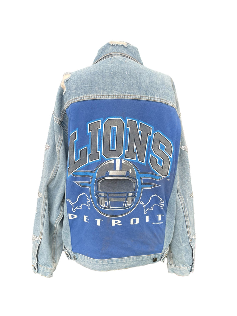 Denim jacket with 'Lions Detroit' graphic on a white background