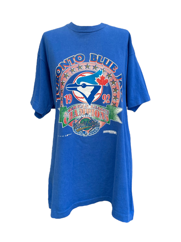 Blue t-shirt with Toronto Blue Jays logo and text on a white background
