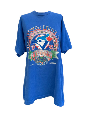 Blue t-shirt with Toronto Blue Jays logo and text on a white background