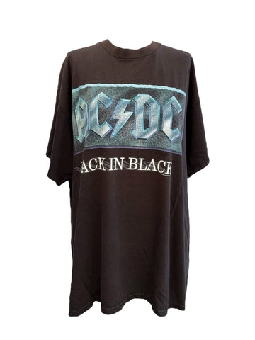 Black t-shirt with AC/DC logo and 'Back in Black' text on a white background
