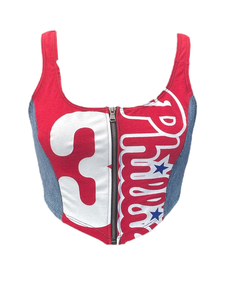 Red and white sports bra with 'Phillies' branding on a white background