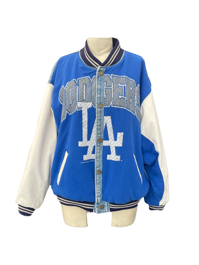 Blue and white jacket with 'Dodgers' text and logo on a mannequin against a white background