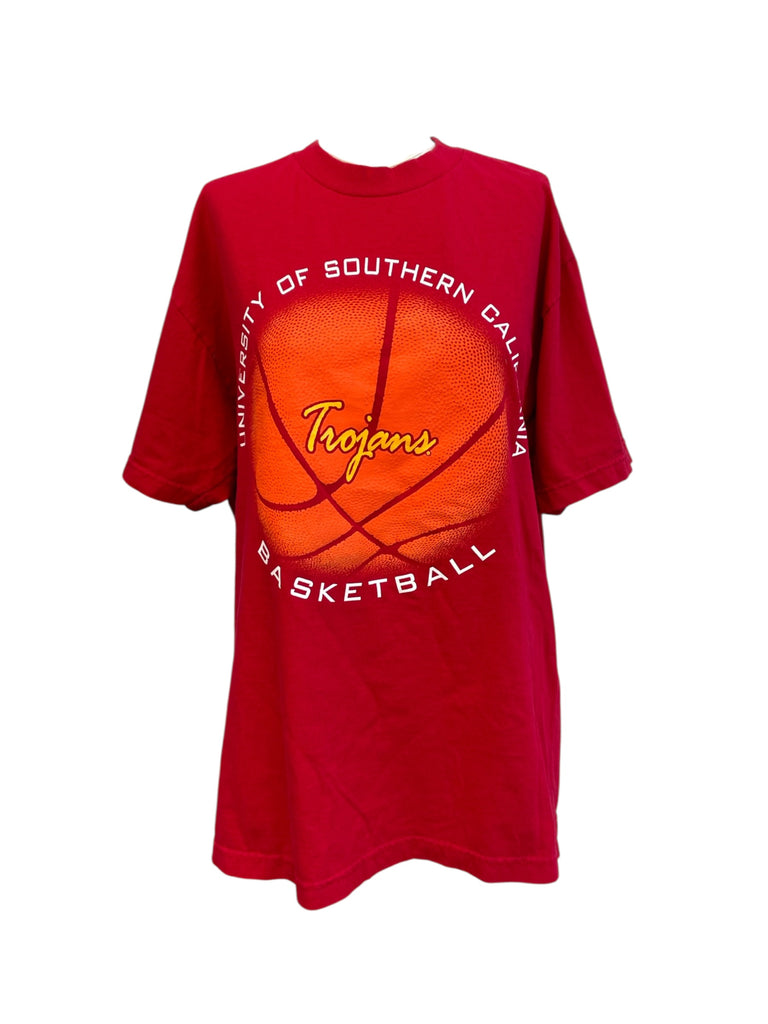 Red t-shirt with basketball graphic and 'Trojans' text on a white background