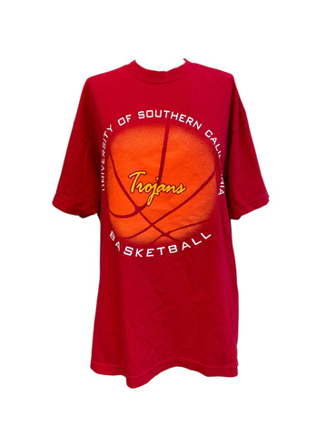 Red t-shirt with basketball graphic and 'Trojans' text on a white background