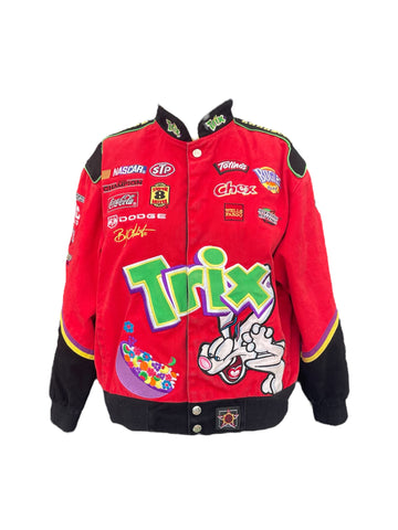 Red jacket with various logos and a colorful character design on a white background