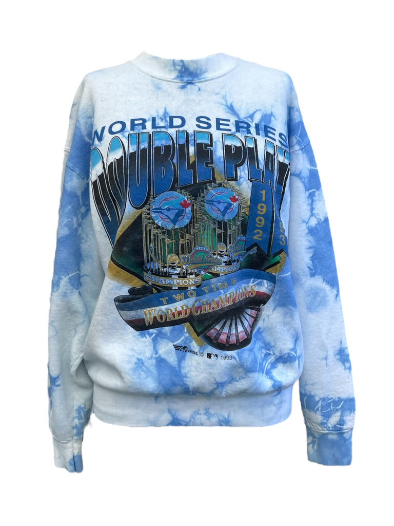 Tie-dye sweatshirt with World Series design on a white background