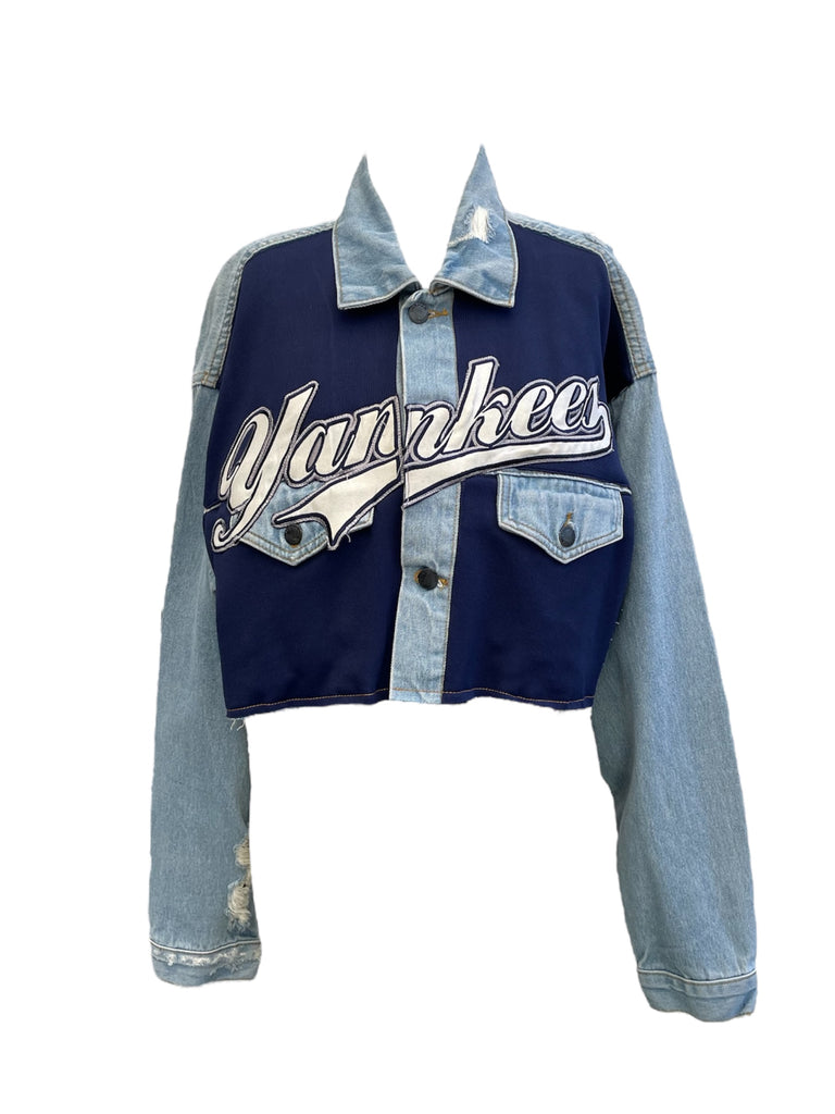 Denim jacket with 'Yankee' text on a white background