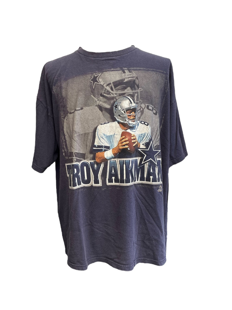 Navy blue t-shirt with a graphic of a football player and 'Troy Aikman' text on a white background