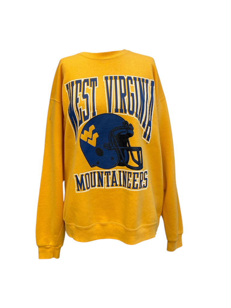 Yellow sweatshirt with West Virginia Mountaineers logo on a white background