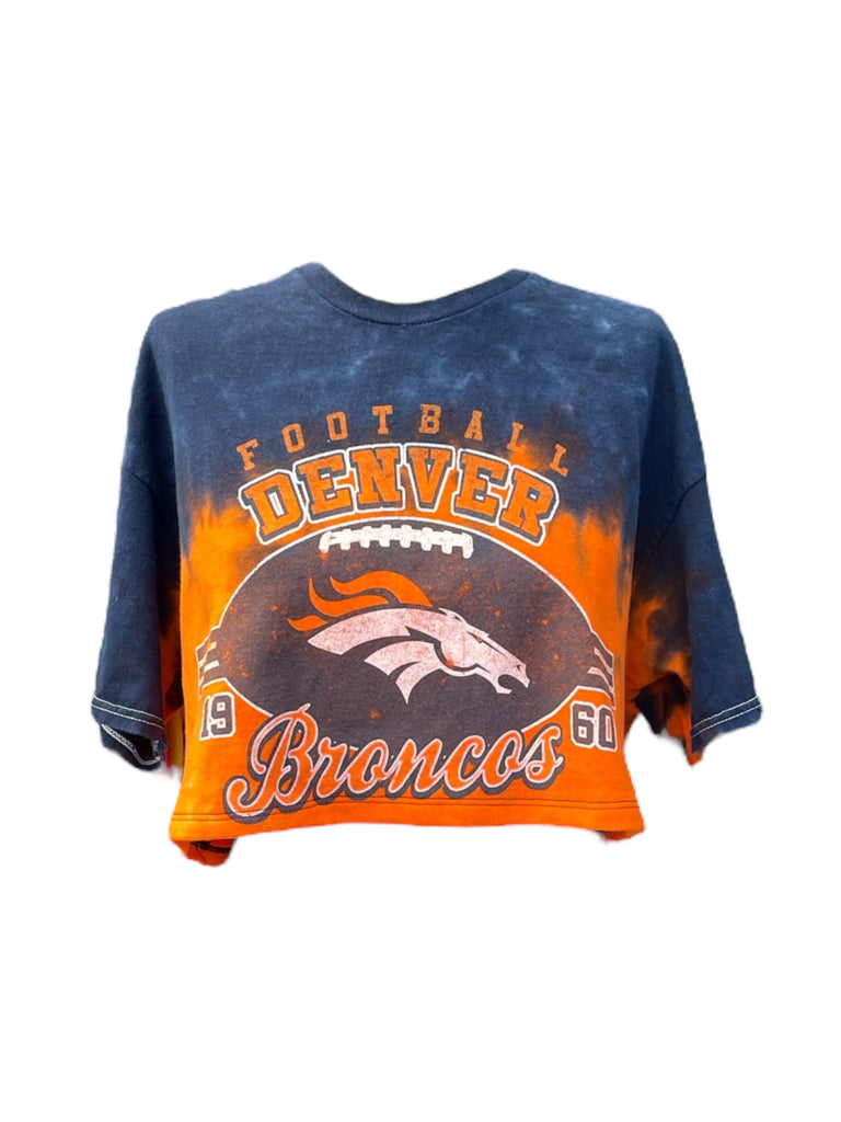 Denver Broncos t-shirt with blue and orange design on a white background