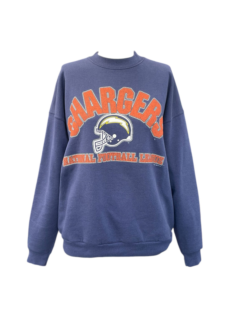 Blue sweatshirt with 'Chargers' and football helmet graphic on a white background