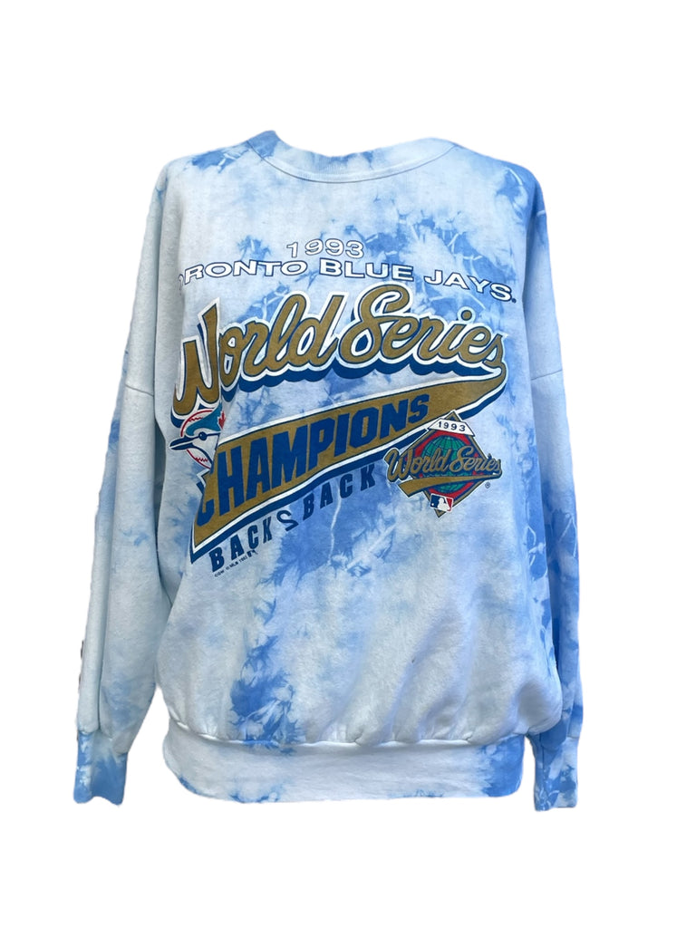 Tie-dye sweatshirt with '1993 World Series Champions' text and graphics on a white background