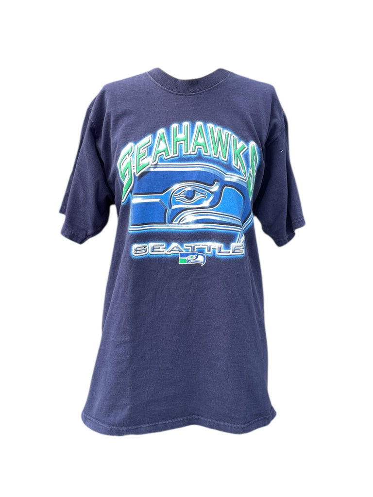 Navy blue t-shirt with 'Seahawks' and 'Seattle' text and logo on a white background