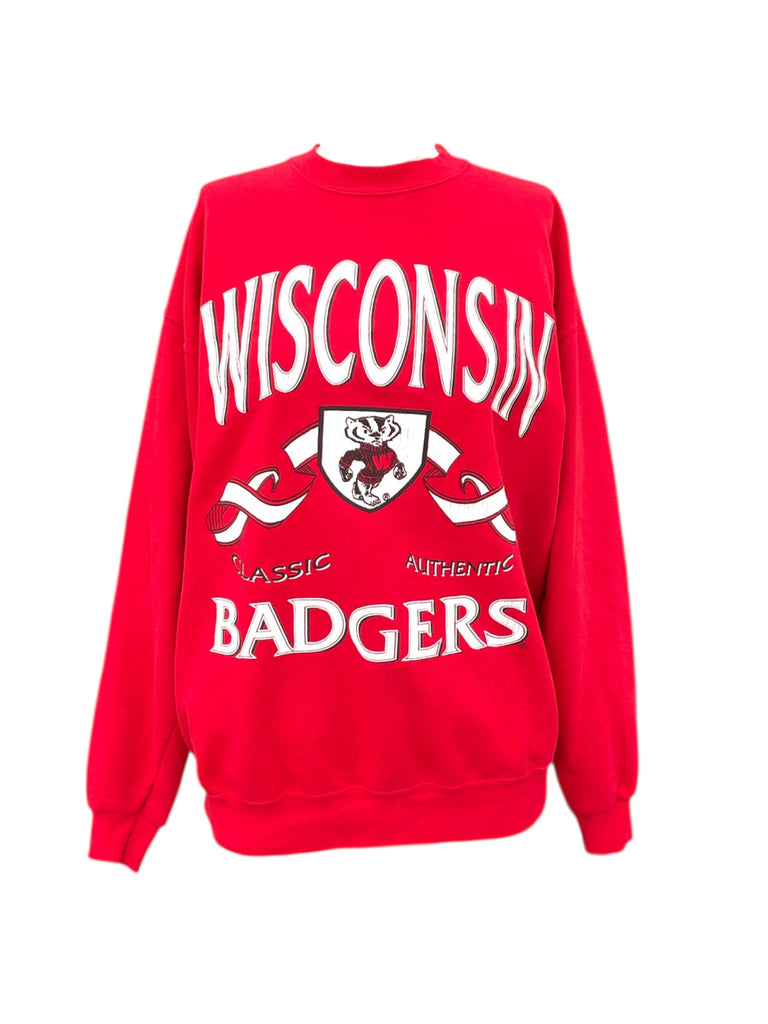 Red sweatshirt with 'Wisconsin Badgers' text and logo on a white background