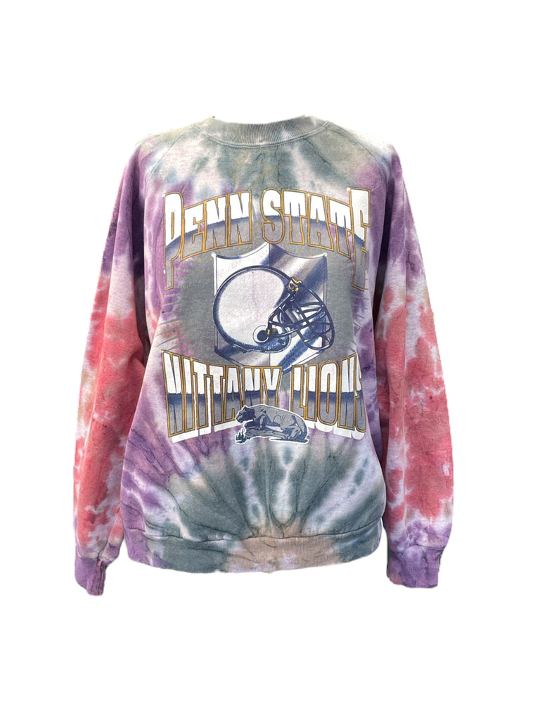 Tie-dye sweatshirt with 'Penn State' and 'Nittany Lion' text on a white background