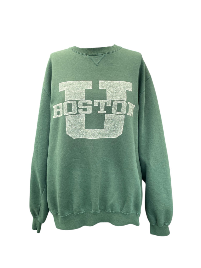 Green sweatshirt with 'BOSTON' printed on it against a white background