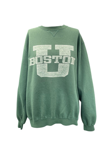 Green sweatshirt with 'BOSTON' printed on it against a white background
