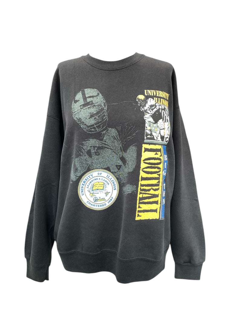 Black sweatshirt with football-themed graphics on a white background