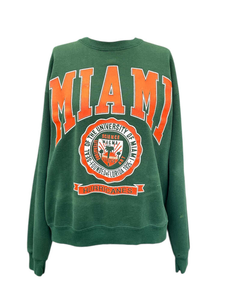 Green sweatshirt with 'MIAMI' printed in orange on a white background