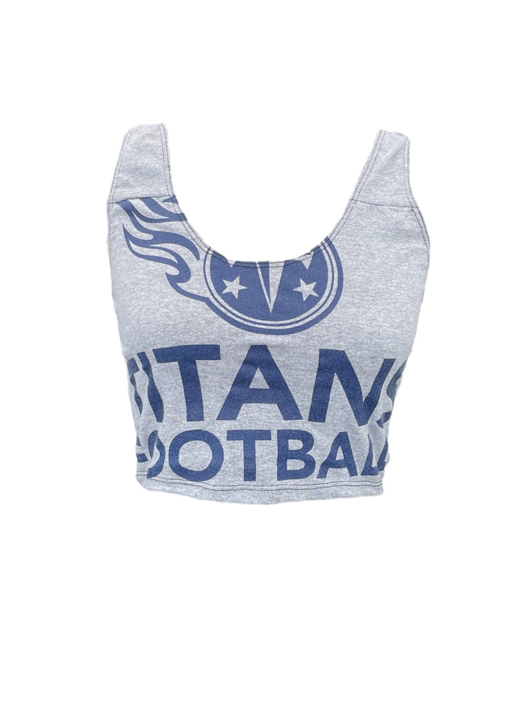 Gray crop top with blue 'Titans Football' text and logo on a white background