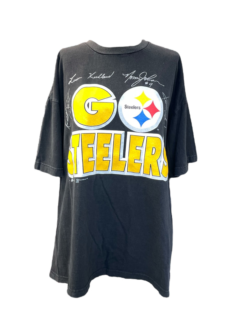 Black t-shirt with Steelers logo and 'Go Steelers' text on a white background