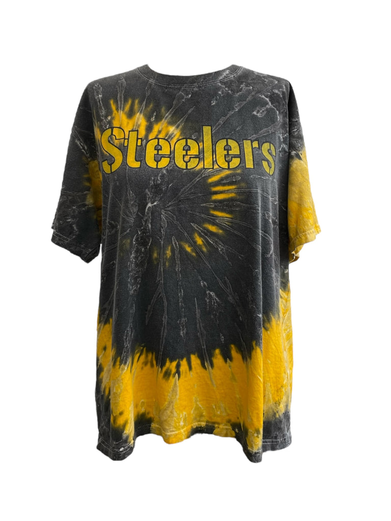 Tie-dye t-shirt with 'Steelers' text on a white background