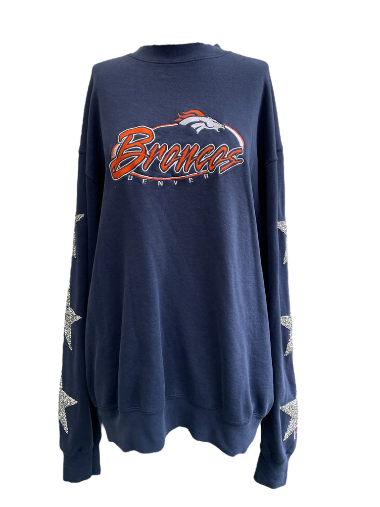 Navy blue sweatshirt with 'Broncos' logo on a white background
