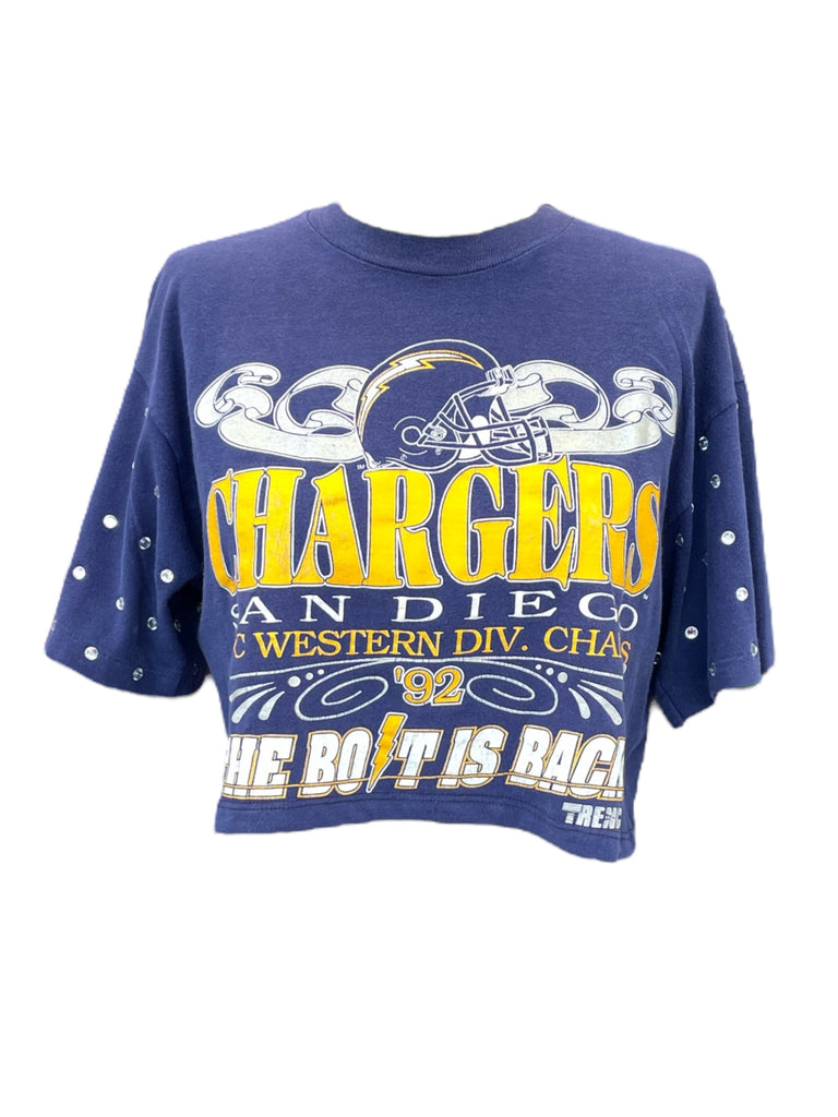 Blue t-shirt with 'Chargers' and 'San Diego' text on a white background