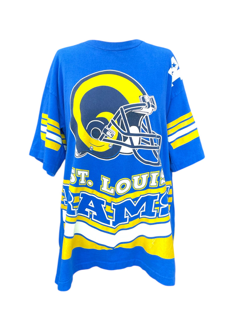 Blue jersey with St. Louis Rams logo on a white background