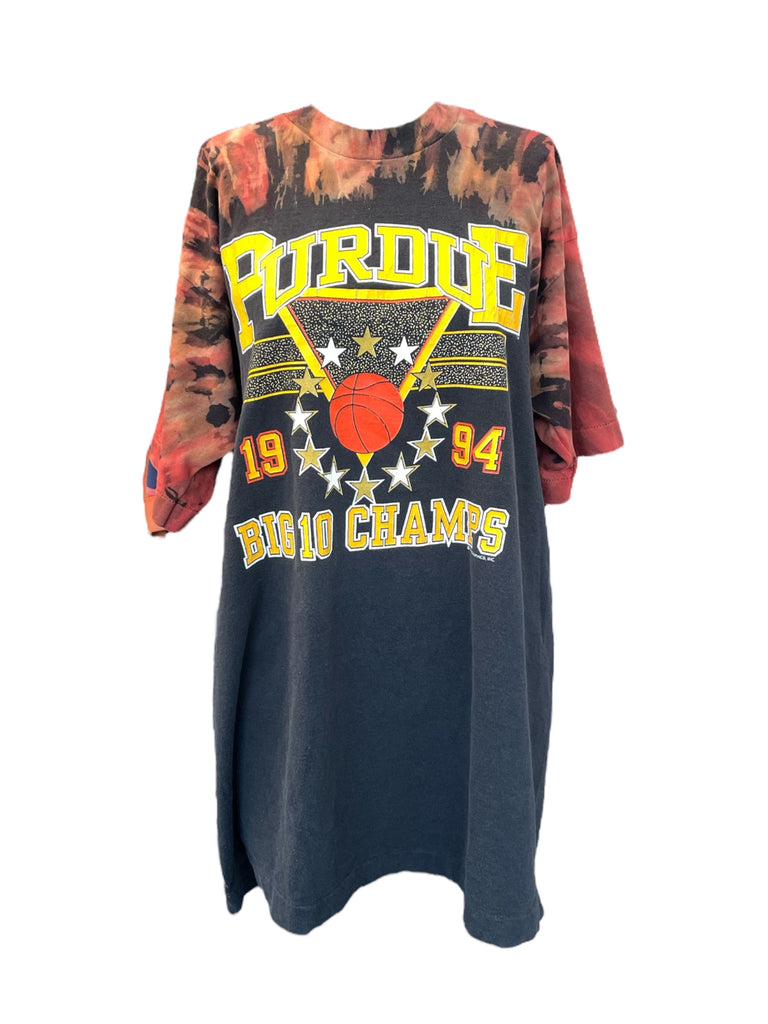 Tie-dye long-sleeve shirt with Purdue Big Ten Champs design on a white background