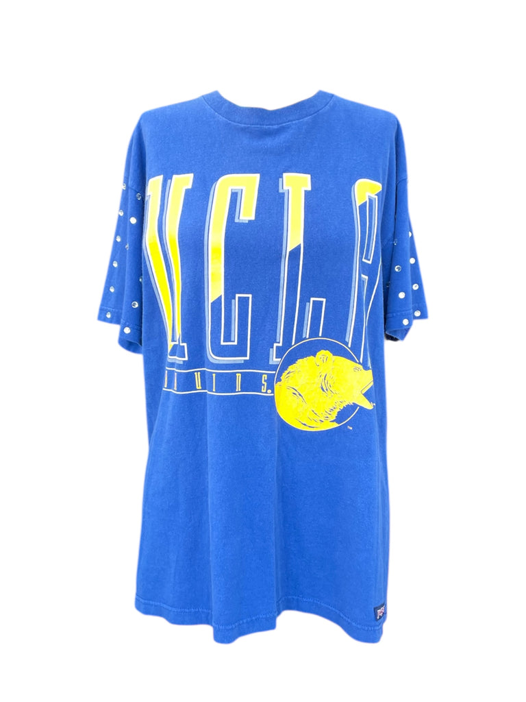 Blue t-shirt with yellow text and logo on a white background