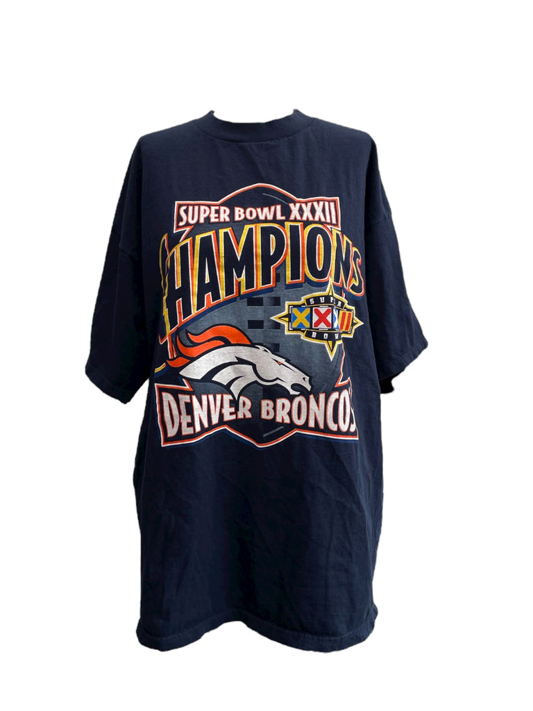 Navy blue t-shirt with Denver Broncos Super Bowl XXXIII Champions design on a white background