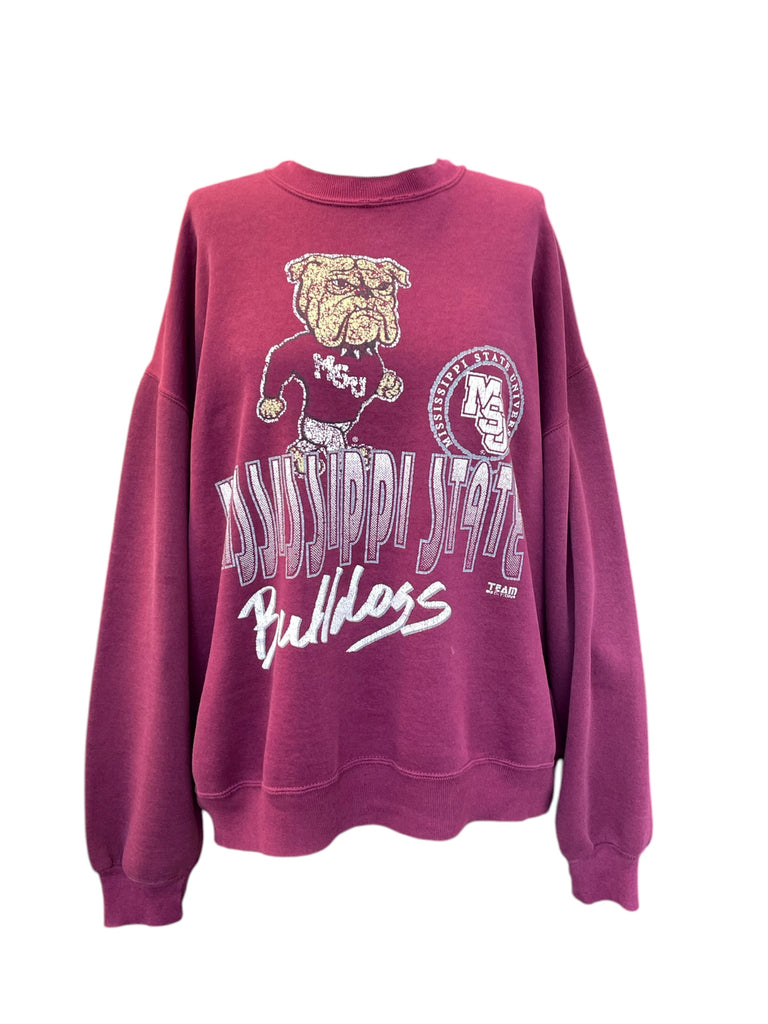 Maroon sweatshirt with Mississippi State Bulldogs graphic on a white background