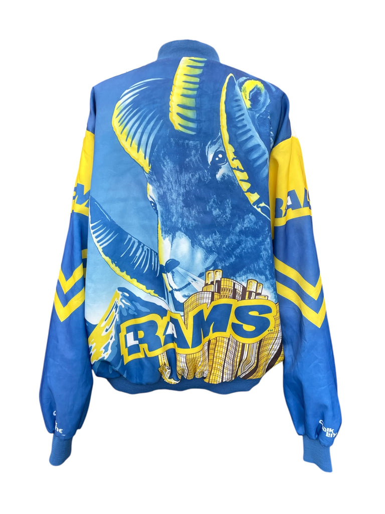 Blue jacket with Rams logo and ram head design on a white background