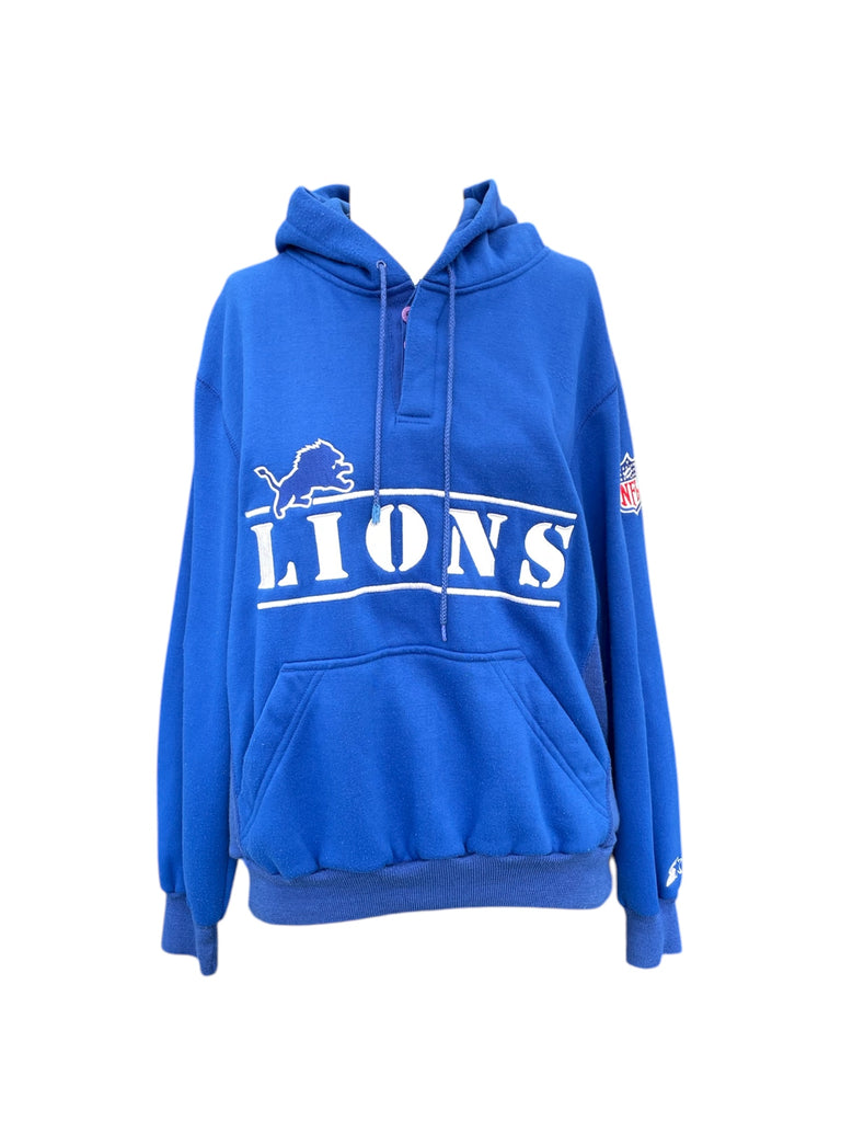 Blue hoodie with 'LIONS' text and logo on a white background