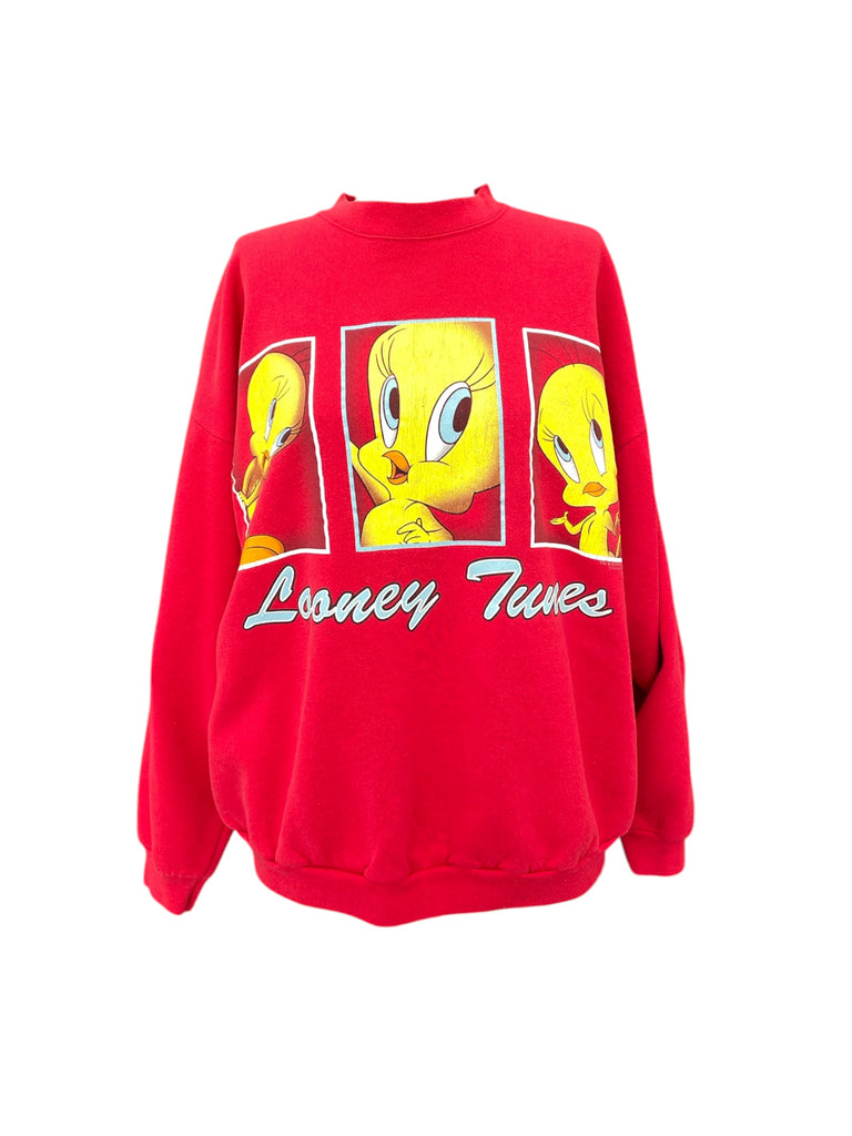 Red sweatshirt with Looney Tunes character design on a white background