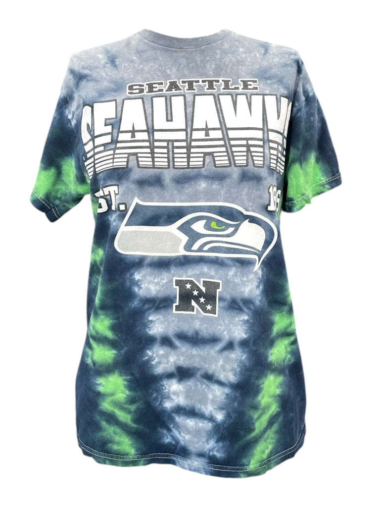 Tie-dye Seattle Seahawks t-shirt with green and blue colors on a white background
