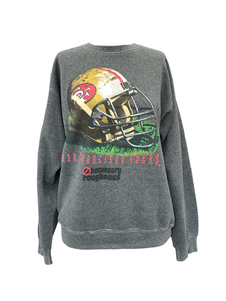 Gray sweatshirt with a football helmet graphic and text on a white background